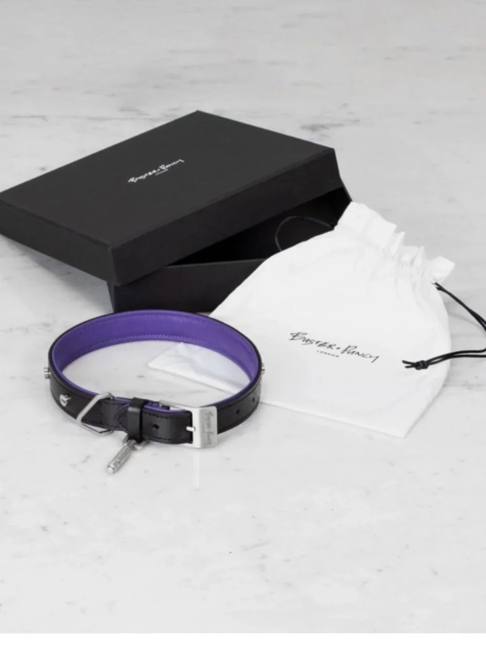 NWT Buster + Punch Leather Dog Leash - Black with Purple Trim Silver Size XL